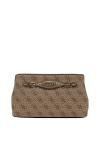 Bolso de mano de textil marrón con un patrón de monograma, herrajes dorados y una forma estructurada con una base plana y lados cónicos.
