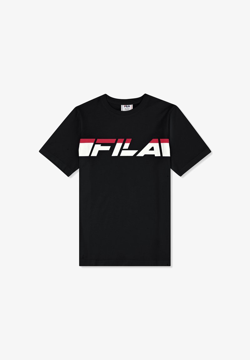 Czarny T-shirt z krótkim rękawem, z odważnym logo FILA w białym i czerwonym kolorze na wysokości klatki piersiowej oraz okrągłym dekoltem.