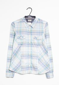 Camisa de cuadros de manga larga en azul claro, verde y púrpura. Presenta un cuello, cierre de botones y dos bolsillos en el pecho con solapas. Material de algodón.