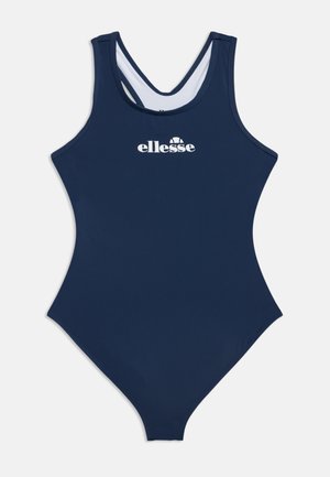 Maillot de bain une pièce bleu marine avec logo ellesse blanc sur la poitrine et bretelles racerback, affiché à plat sur fond blanc.