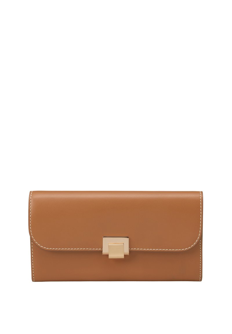 Portefeuille en cuir marron avec une finition lisse, de forme rectangulaire, coutures blanches et un fermoir en métal de forme carrée comme détail de fermeture.