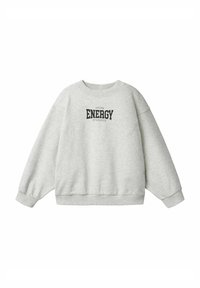 Light gray sweatshirt made of soft material, featuring a relaxed fit, ribbed cuffs, and a printed "YOUR ENERGY" design on the front.