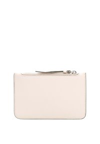 Pale pink leather wallet with a textured finish, rectangular shape, zip closure, and a small pull tab at the zipper.