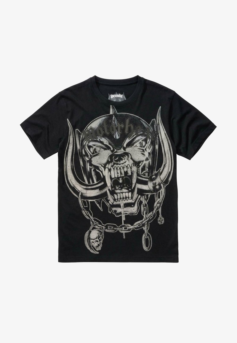 Čierne bavlnené tričko s veľkým, detailným strieborným grafikou lebky s tesákmi a reťazami, s logom "Motorhead".