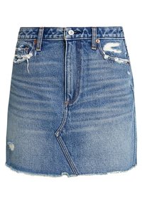 Jeans-Minirock in Hellblau mit abgenutzten Details, ausgefranstem Saum, Fünf-Taschen-Design und traditionellem Metallknopfverschluss.