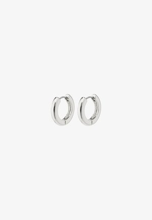 Silver hoop earrings with a polished finish, featuring a circular design and seamless hinges, displaying a smooth texture.