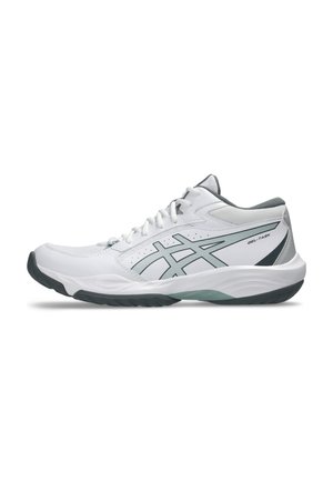 Scarpa sportiva ASICS Gel-Task bianca e grigia con lacci, tomaia in mesh e materiale sintetico e suola texturizzata per uso su campo indoor.
