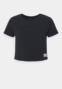 Zwarte cropped T-shirt met korte mouwen. Voorzien van een ronde halslijn en roze tekst 'SMILE' aan de linkerkant. Soepele stoftextuur.