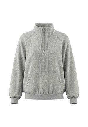 Hellgrauer Pullover-Sweatshirt mit halbem Reißverschluss vorne, Kordelzug am hohen Kragen, gerippten Bündchen und Saum sowie vorderer Kängurutasche.