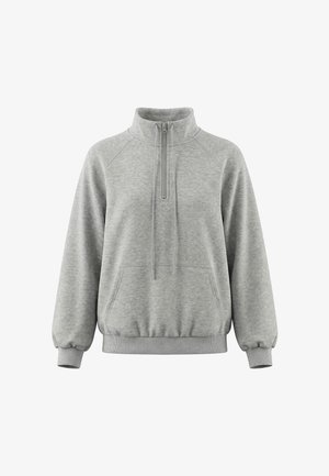 Jasnoszara bluza z pół zamkiem z przodu, wysokim kołnierzem ze ściągaczem, ściągaczami na rękawach i u dołu oraz przednią kieszenią kangurzą.