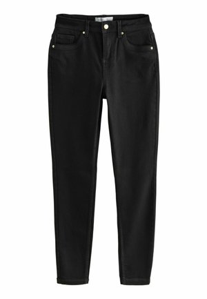 Zwarte skinny jeans van denim, met een gladde textuur, voorzakken en gouden hardware accenten. Ontworpen voor een getailleerde pasvorm.