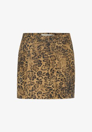 Denimrock mit Leopardenmuster in Braun und Schwarz, mit taillierter Passform, Gürtelschlaufen, Vordertaschen und Knopfverschluss.