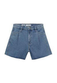 Denimshorts i ljusblått med hög midja, featuring framfickor, dragkedja och fransade nederkanter. Fyra fickor ingår.