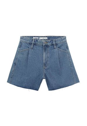 Denim shorts in light blue with a high-waisted design, featuring front pleats, a zip fly, and frayed hem. Four pockets included.