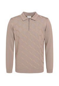 Beige pika pikka särk pika varrukaga ja lukuga kaeluses, millel on tekstureeritud kuue nurga muster, soonikud mansettides ja silt küljel.