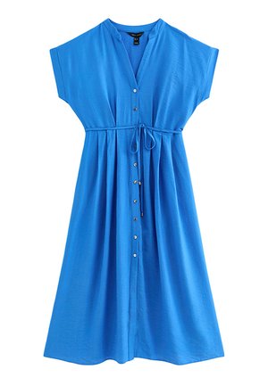 Vestito midi blu a maniche corte con bottoni frontali, collo alla coreana e cintura annodata in vita, realizzato in tessuto leggero.