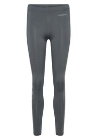 Grå atletiska leggings tillverkade av stretchmaterial, med en figurnära design, elastisk midja och diskret logotyp på höften.