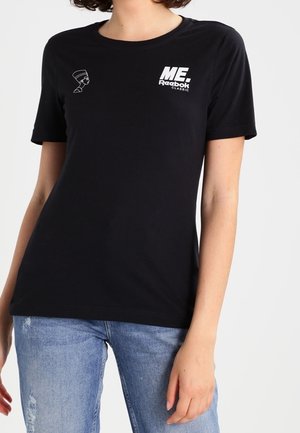 Black cotton t-shirt featuring a round neckline, short sleeves, and white text with a graphic logo on the left chest.