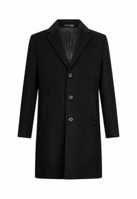 Cappotto nero di lana con rever a lancia, tre bottoni frontali, due tasche laterali e una tasca sul petto. Fodera interna liscia.