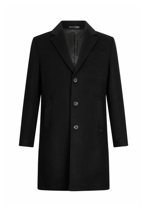 Zwarte wollen jas met een reverskraag met inkeping, drie knopen aan de voorkant, twee zijzakken en één borstzak. Gladde binnenvoering.