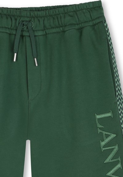 Pantalons de survêtement verts avec une taille élastique, cordon de serrage, poches latérales et accents texturés sur les côtés. Présente un logo brodé bien en vue.