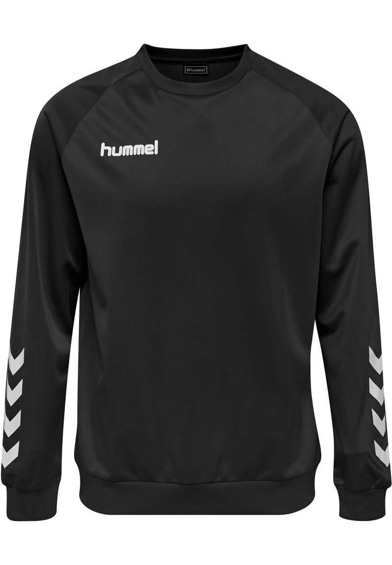 Black sweatshirt made of smooth fabric featuring long sleeves, a crew neck, and white chevron patterns on the sides. Hummel logo displayed.