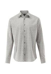 Maglietta a maniche lunghe grigia chiaro con un sottile motivo floreale. Presenta un colletto con bottoni e chiusura anteriore con bottoni. Tessuto dalla texture morbida.
