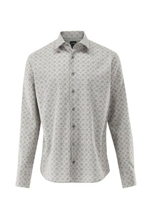 Light gray long-sleeve shirt with a subtle floral pattern. Features a button-down collar and front button closure. Soft fabric texture.
