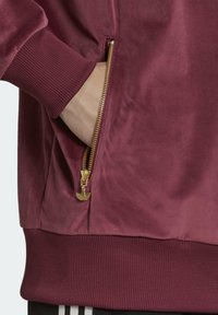 Viininpunainen urheilutakki, jossa on resorit helmassa ja hihansuissa, kullanvärinen vetoketju ja pehmeä pinta. Sivutasku näkyvissä, käsi työnnettynä siihen.