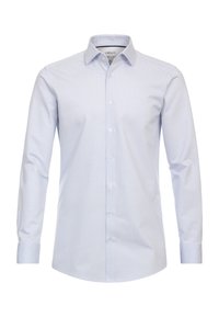 Lichtblauw overhemd met lange mouwen in een subtiel textuurpatroon, met knoopsluiting aan de voorkant en een gespreid kraag. Mouwen met manchetten en contrasterende afwerking.