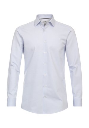 Himmelblaues Langarmhemd mit dezentem Texturmuster, Knopfleiste an der Vorderseite und Kentkragen. Mit Kontrastbesatz versehenen Manschetten.