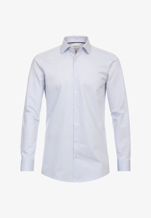 Lichtblauw overhemd met lange mouwen in een subtiel textuurpatroon, met knoopsluiting aan de voorkant en een gespreid kraag. Mouwen met manchetten en contrasterende afwerking.