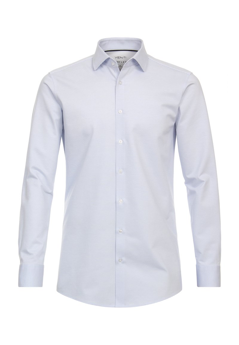 Lichtblauw overhemd met lange mouwen in een subtiel textuurpatroon, met knoopsluiting aan de voorkant en een gespreid kraag. Mouwen met manchetten en contrasterende afwerking.