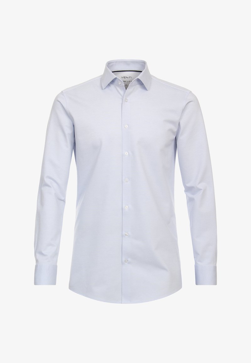 Lichtblauw overhemd met lange mouwen in een subtiel textuurpatroon, met knoopsluiting aan de voorkant en een gespreid kraag. Mouwen met manchetten en contrasterende afwerking.