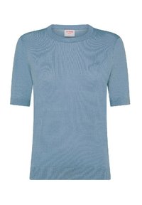 T-shirt lavorato a maglia blu chiaro con maniche corte, texture a costine, scollo rotondo e dettagli del logo discreti nella zona sinistra del petto.