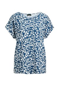 Blau-weißes kurzärmliges Blusenshirt mit einem abstrakten Blättermuster, Rundhalsausschnitt und weichem Stoff in lässiger Passform.