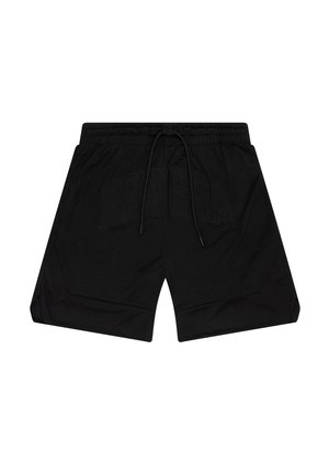 Sorte atletiske shorts med et struktureret mesh-design, elastisk talje, justerbar snøre og trykt "NEW ERA" logo.