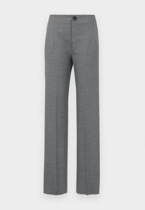 Gray tailored trousers with a straight-leg design, featuring a button closure, side pockets, and a smooth, textured fabric.