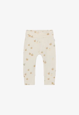 Beige Baumwollleggings mit einem Muster aus kleinen Äpfeln in Creme, Hellgelb und Grün. Mit Bündchen am Saum und einem weichen, elastischen Bund.