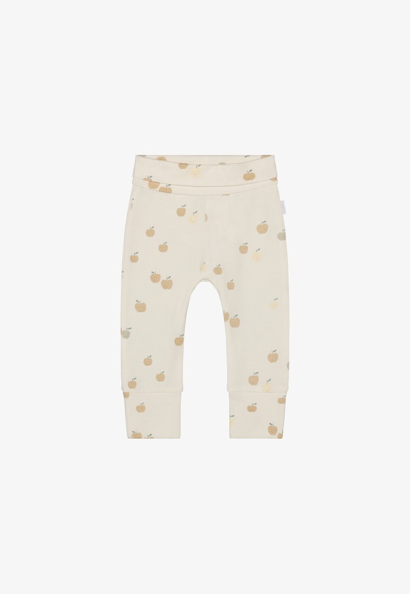 Beige bomuldsleggings med mønster af små æbler i creme, lys gul og grøn. Med manchetter forneden og en blød, elastisk talje.