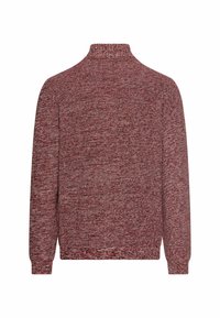Bordeauxfarvet pullovertrøje med høj krave, lange ærmer og en struktureret strikket mønster. Stoffet ser blødt og hyggeligt ud.