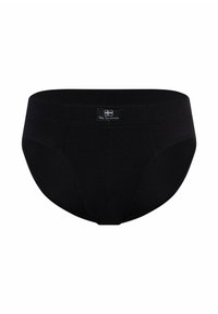 Czarne bawełniane slipy o gładkiej fakturze, z przeszywaną gumką w pasie i metką z przodu. Klasyczny krój z dopasowanym kształtem.