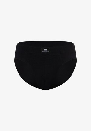 Schwarze Baumwollunterhose mit glatter Textur, ausgestattet mit einem genähten Taillenbund und einem Etikett vorne. Klassisches Design mit einer figurbetonten Form.