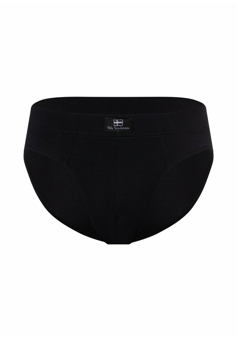 Czarne bawełniane slipy o gładkiej fakturze, z przeszywaną gumką w pasie i metką z przodu. Klasyczny krój z dopasowanym kształtem.