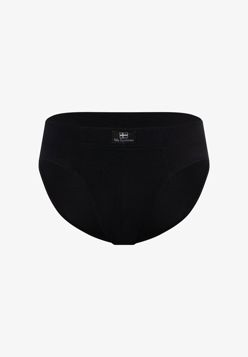 Czarne bawełniane slipy o gładkiej fakturze, z przeszywaną gumką w pasie i metką z przodu. Klasyczny krój z dopasowanym kształtem.