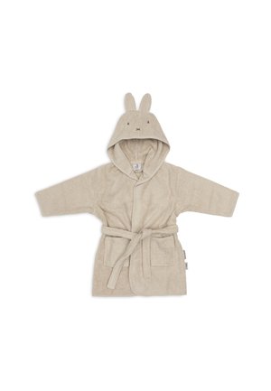 Peignoir de bain pour bébé beige à capuche avec ceinture nouée, poches avant et capuche ornée d'oreilles de lapin et d'un visage simple.