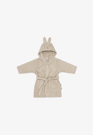 Peignoir de bain pour bébé beige à capuche avec ceinture nouée, poches avant et capuche ornée d'oreilles de lapin et d'un visage simple.