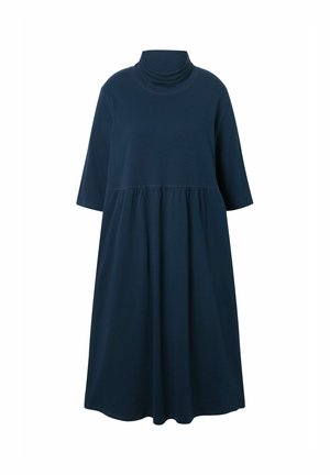 Tmavě modré bavlněné šaty s vysokým výstřihem, krátkými rukávy a rozšířeným sukněním. Švy oddělují korzet od sukně.