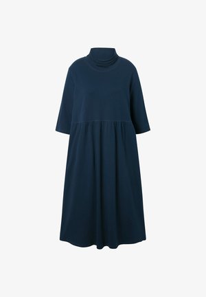 Granatowa bawełniana sukienka z wysokim dekoltem, krótkimi rękawami i rozkloszowanym dołem. Szew oddziela górę od spódnicy.