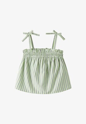 Haut sans manches vert clair avec fines rayures verticales, corsage froncé et bretelles nouées.